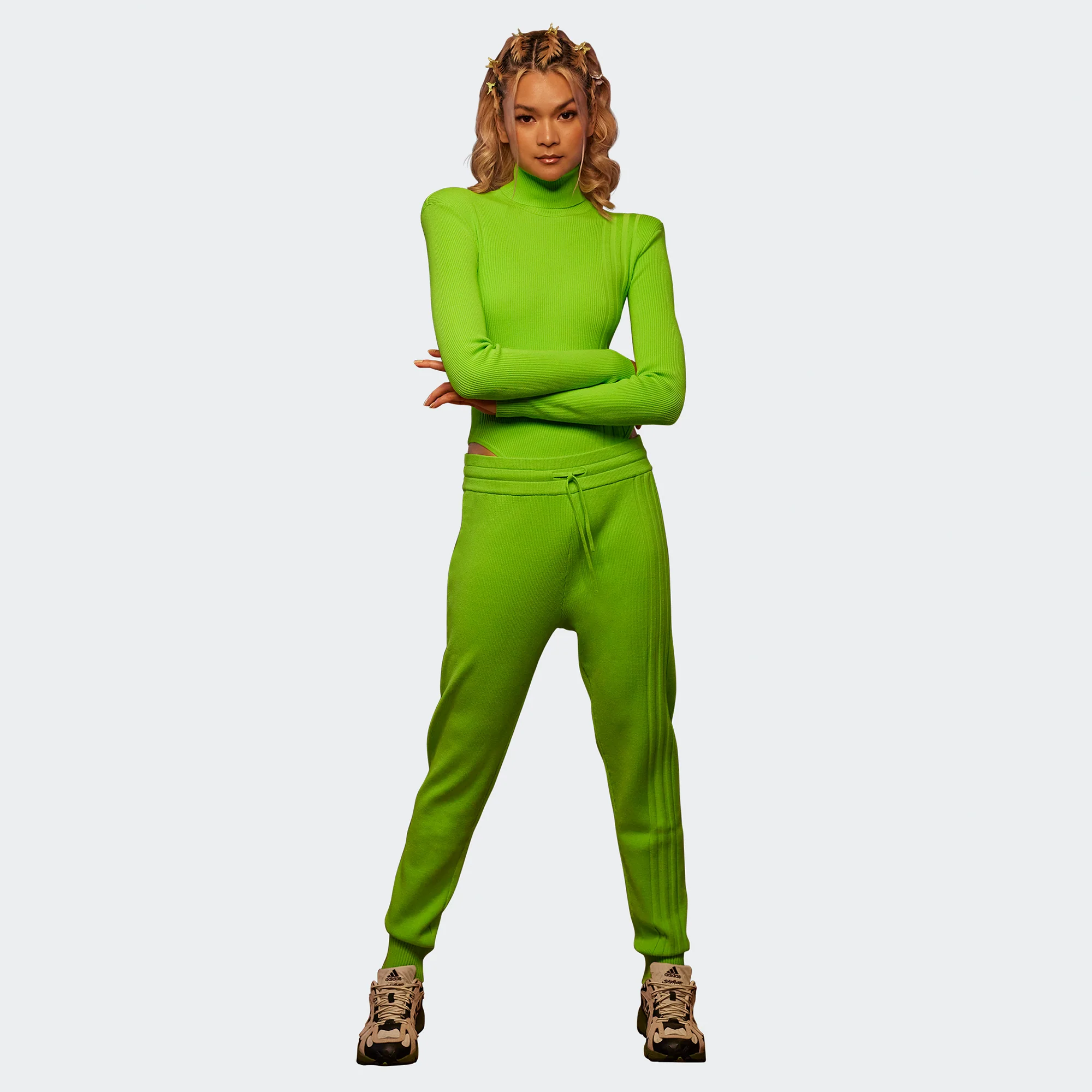 Adidas x Ivy Park Womens 3 Stripe Knit Rib Jogger 'Solar Slime' - Image 2