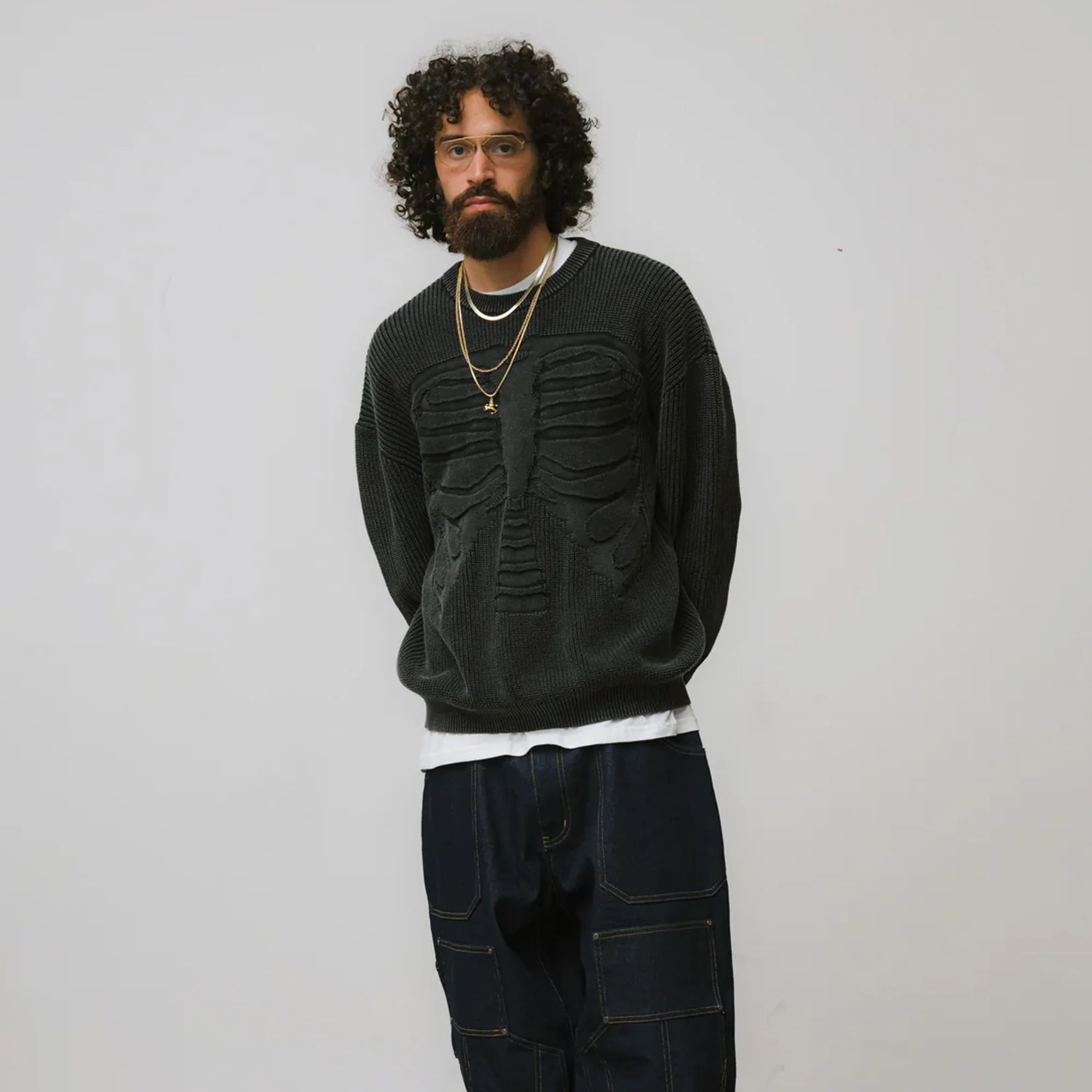 Brigade Mens Acid Wash Bones 3D Knit Sweatshirt - Image 2