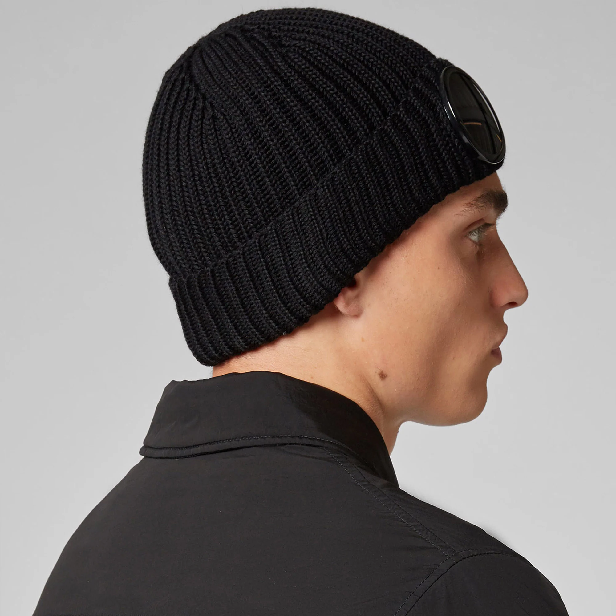 C.P. Company Merino Wool Goggle Beanie in Black - Image 2