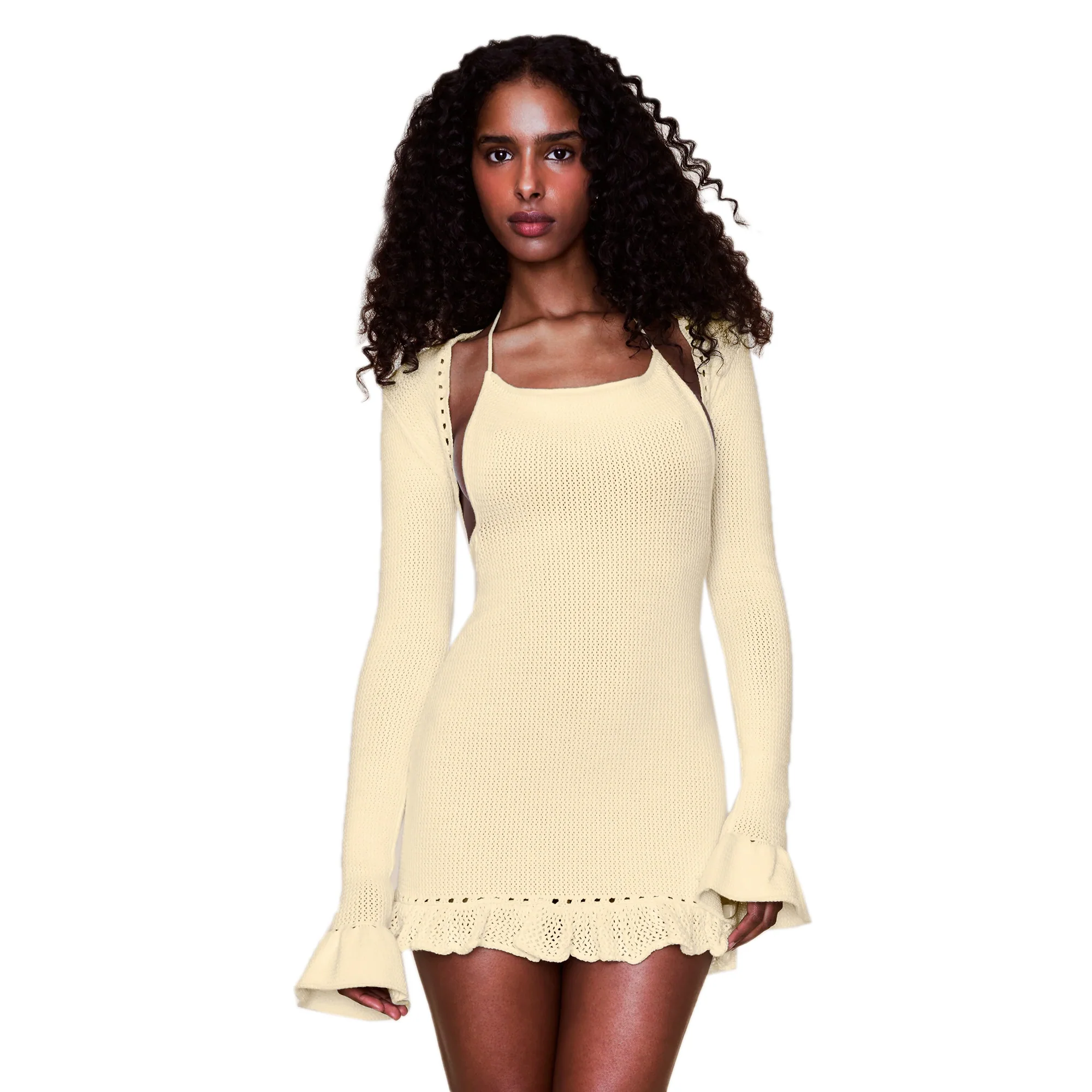Guizio Womens Crochet Ruffle Sleeve Bolero