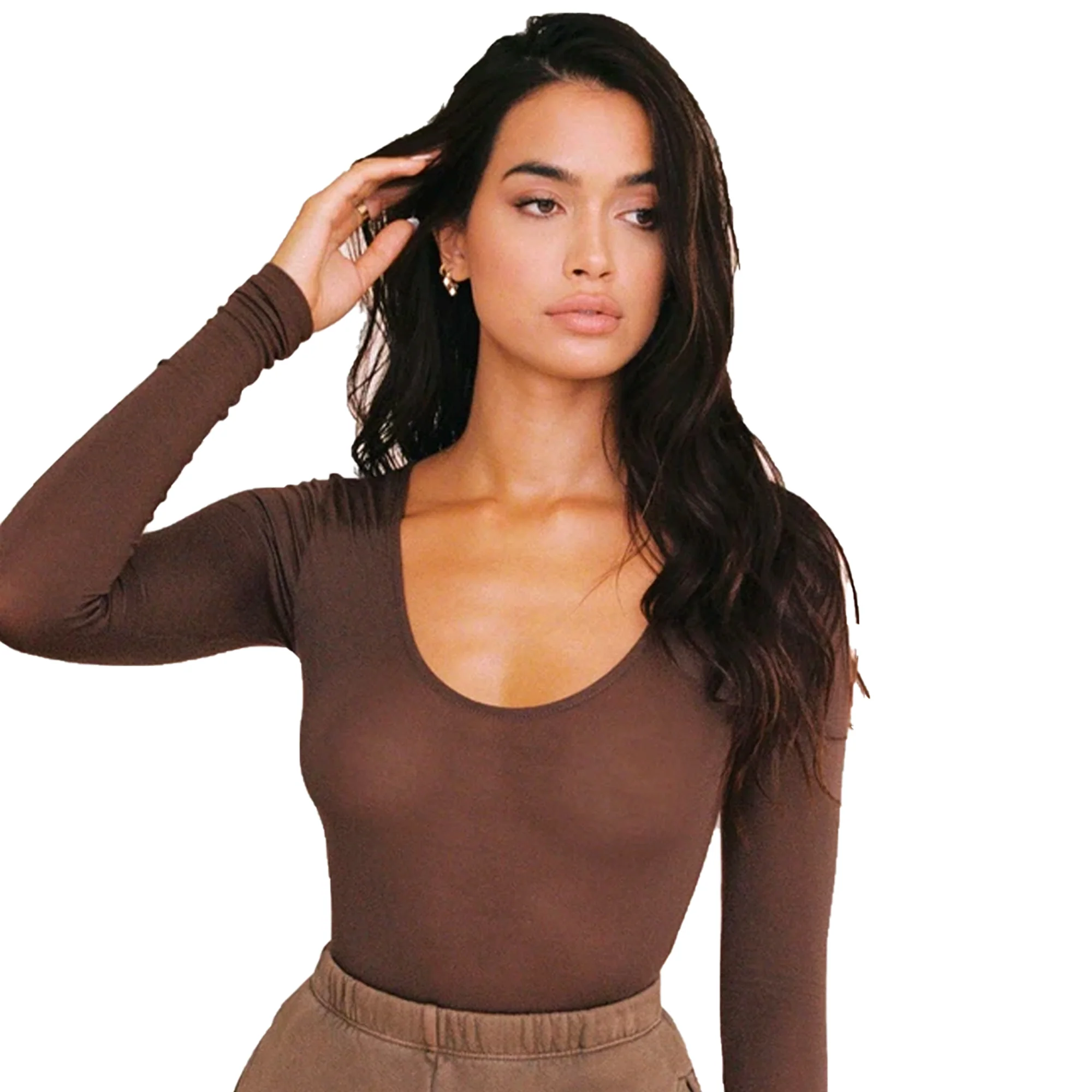 Joah Brown Womens Scoop Neck Long Sleeve Tobacco