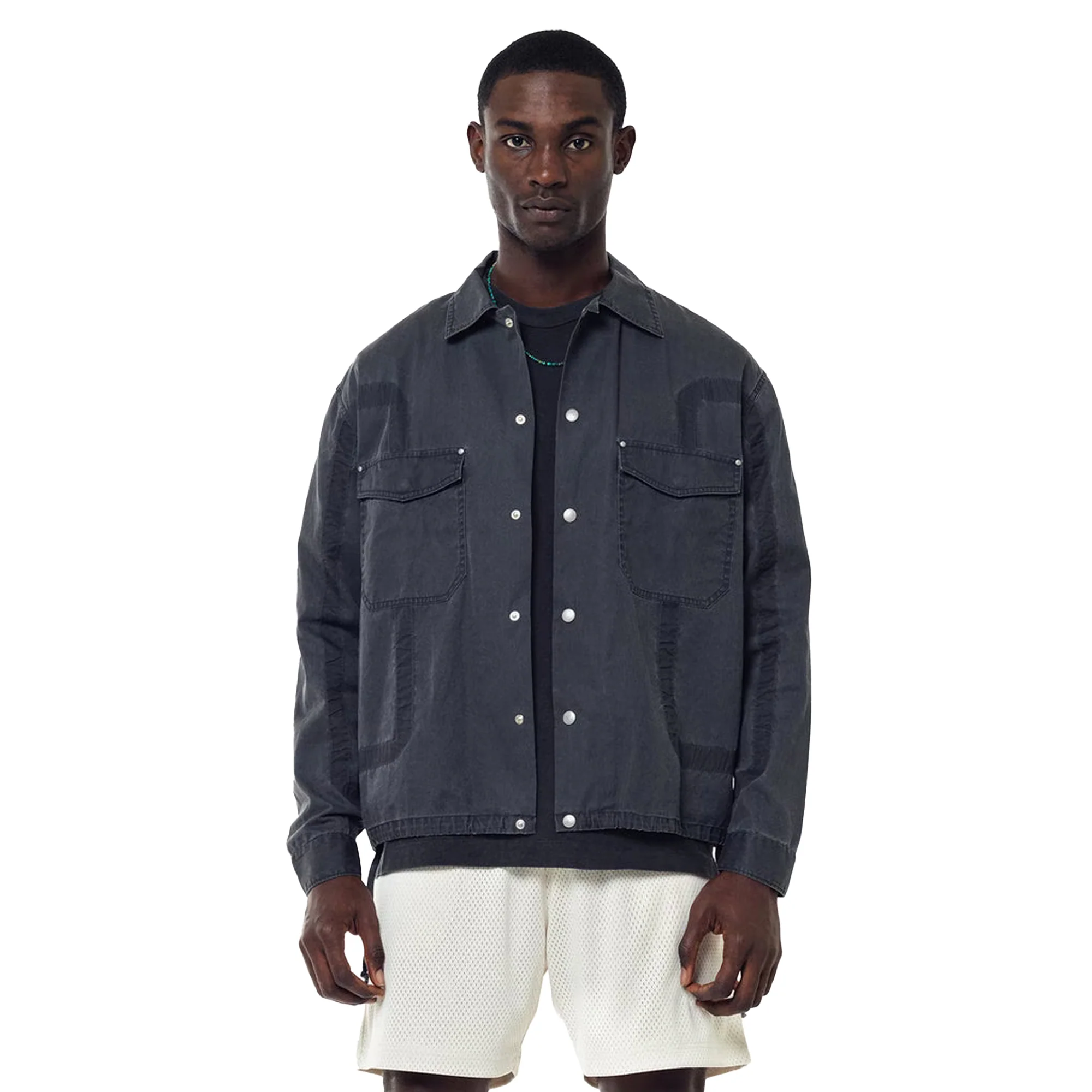 John Elliott Mens Cotton Poplin Frame II Snap Overshirt 'Black' - Image 2