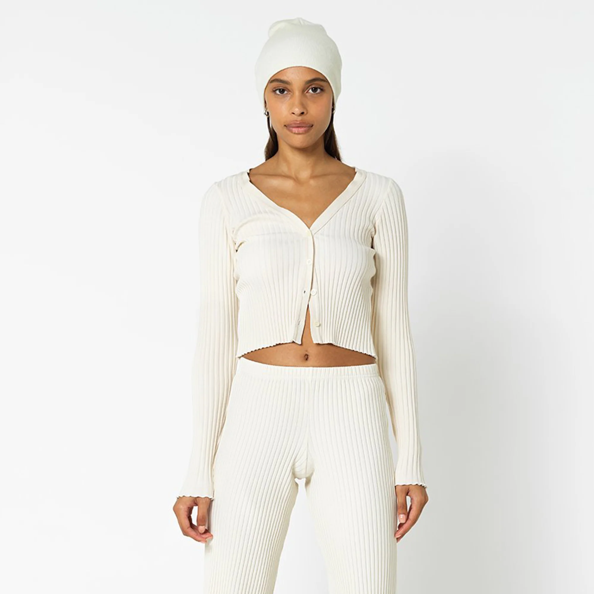 John Elliott Womens Ginza Rib Cropped Cardigan 'Feather' - Image 2