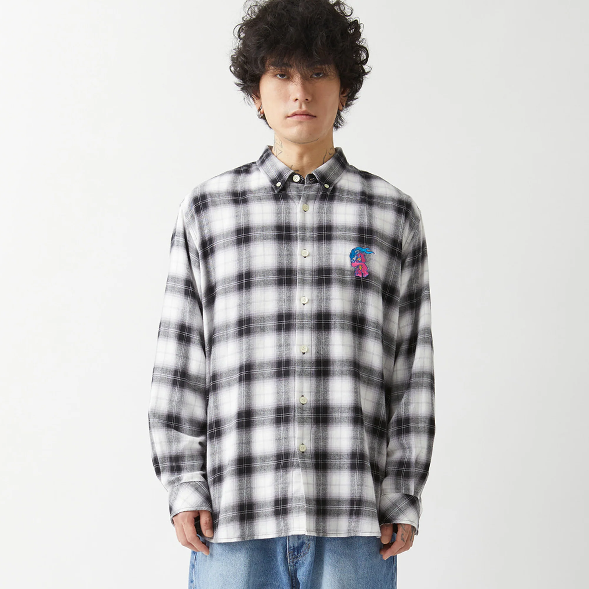 LMC Mens Flame Bear Ombre Plaid Shirt 'Black' - Image 5