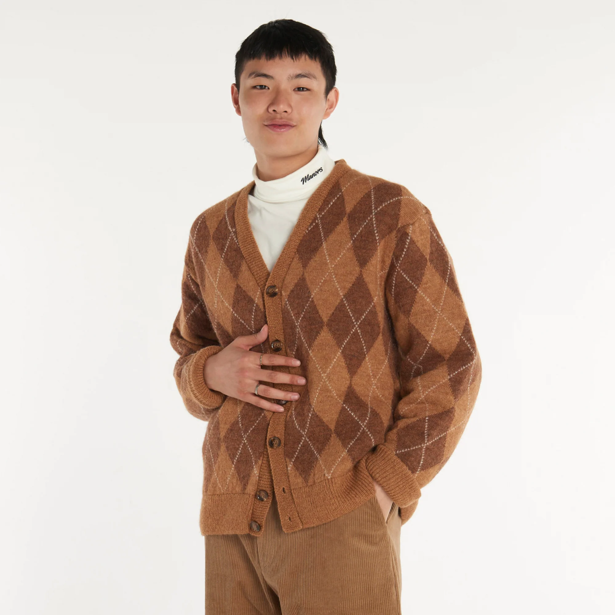 Manors Mens Argyle Cardigan 'Beige' - Image 2