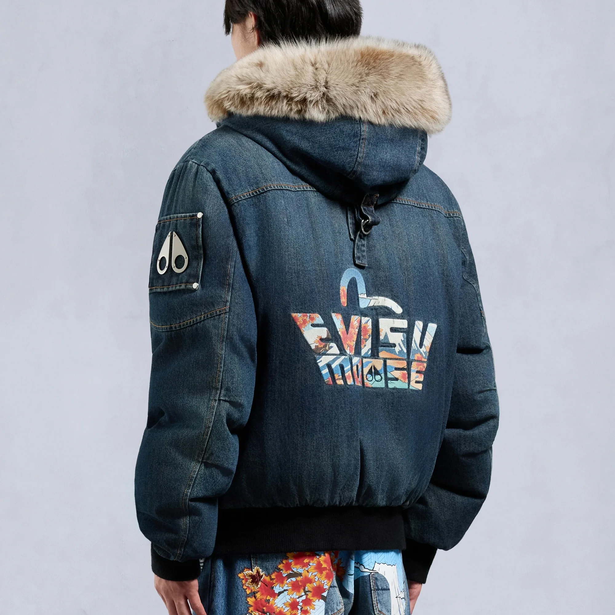 Moose Knuckles x Evisu Mens Denim Down Bomber Jacket - Image 3