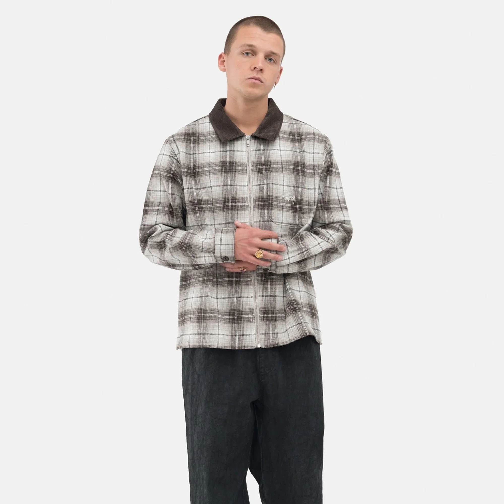 Stussy Mens Frank Plaid Zip LS Shirt 'Brown' - Image 3