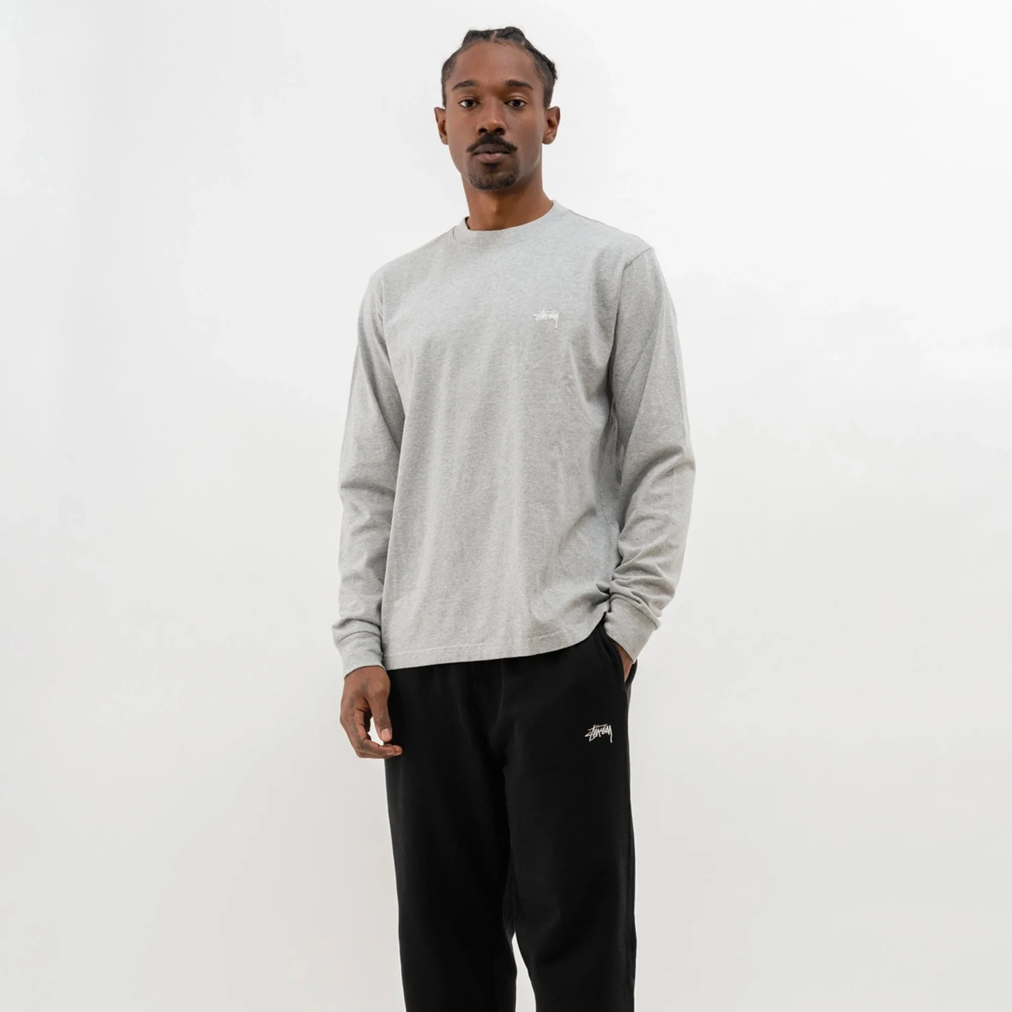 Stussy Mens Stock Logo LS Crew 'Grey Heather' - Image 3