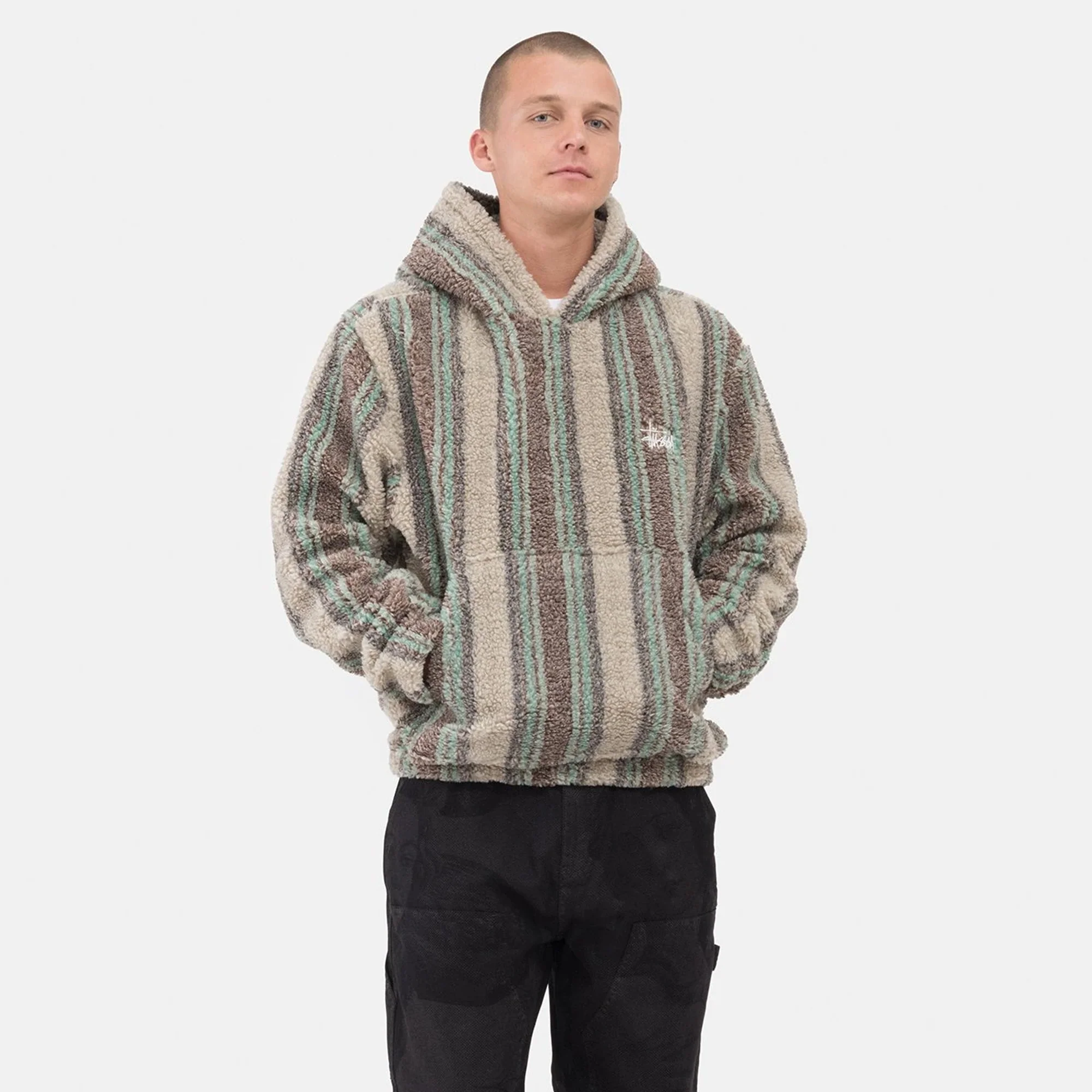 Stussy Mens Stripe Sherpa Hoodie 'Tan' - Image 3