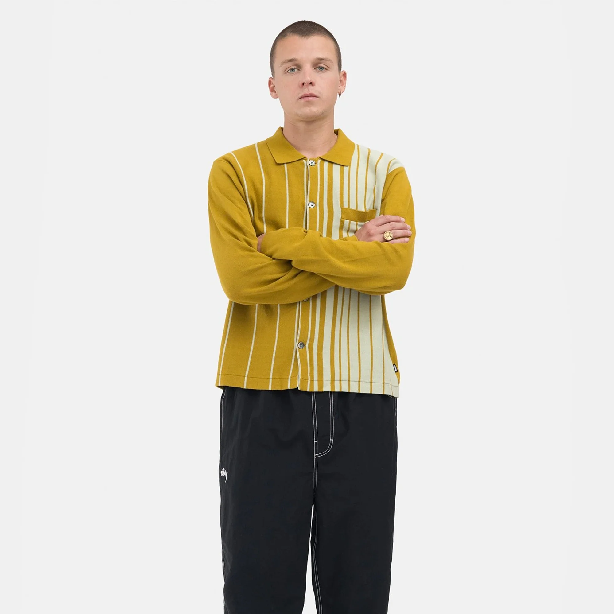 Stussy Mens Striped Knit Shirt 'Mustard' - Image 3