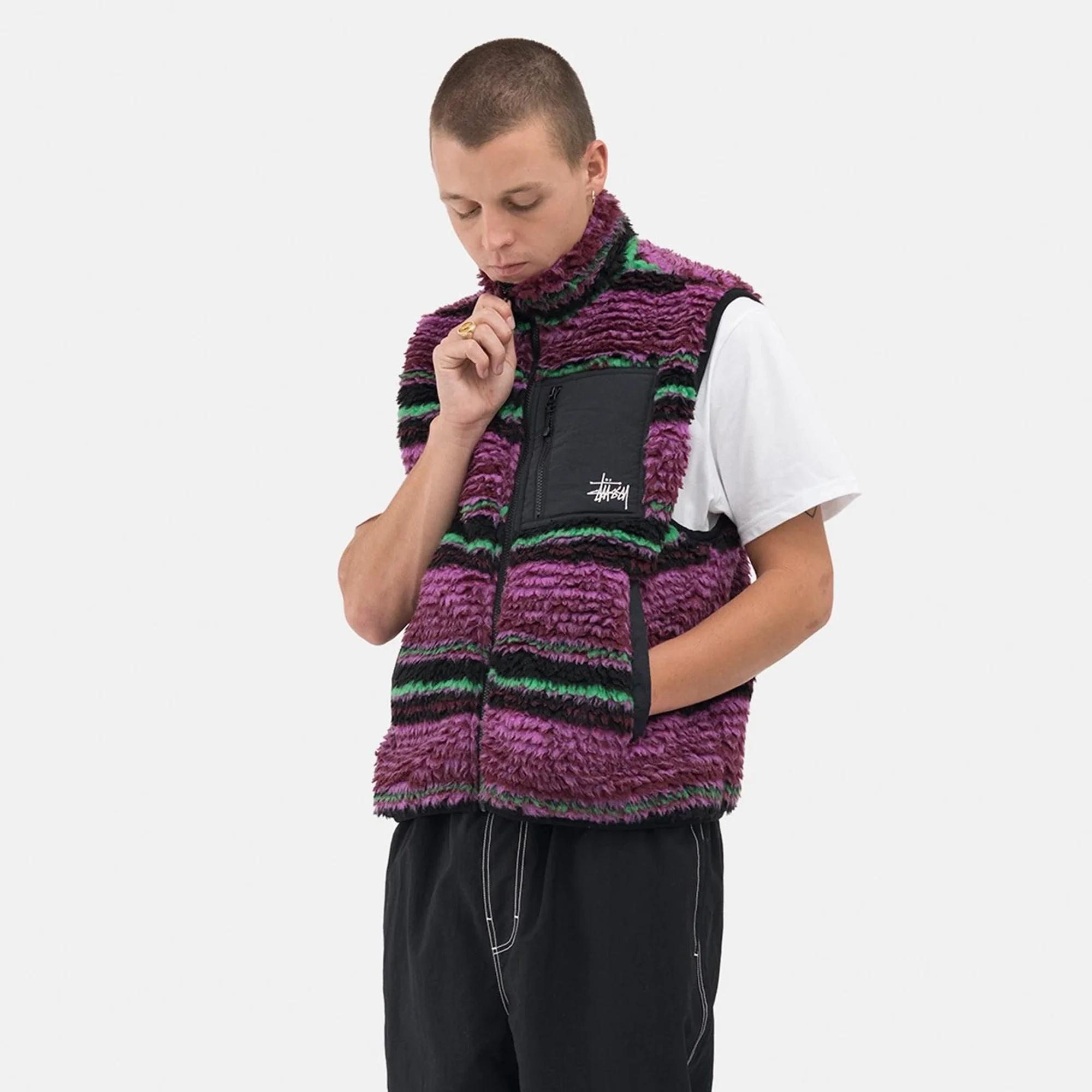 Stussy Mens Striped Sherpa Vest 'Grape' - Image 3