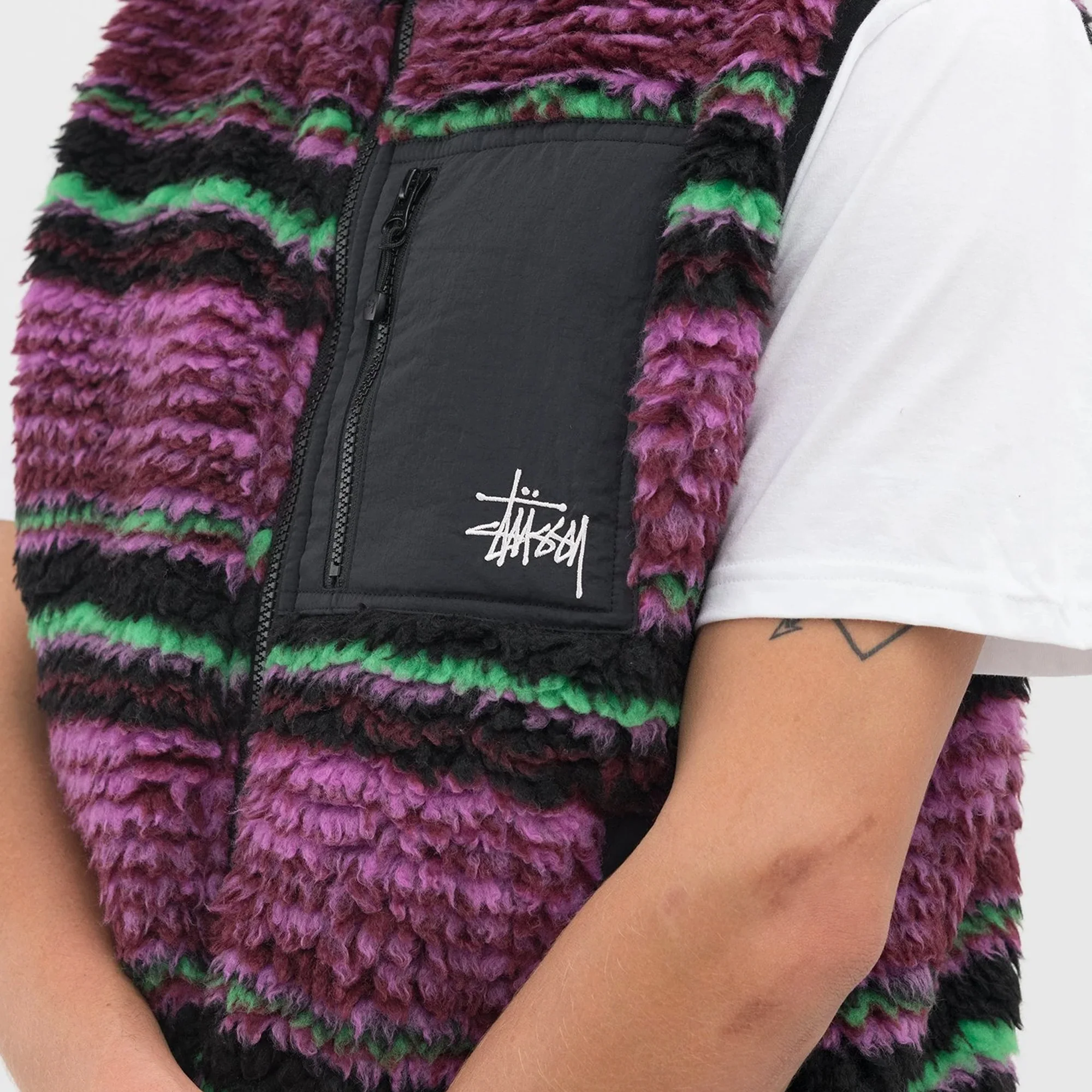 Stussy Mens Striped Sherpa Vest 'Grape' - Image 4