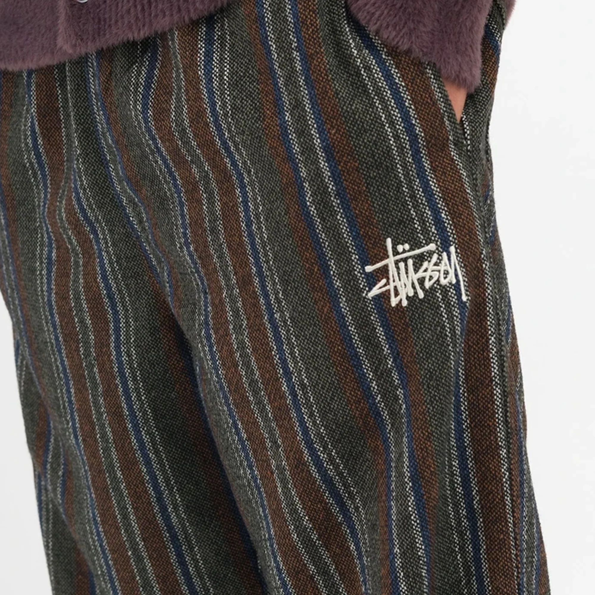 Stussy Mens Wool Stripe Relaxed Pants 'Olive' - Image 3