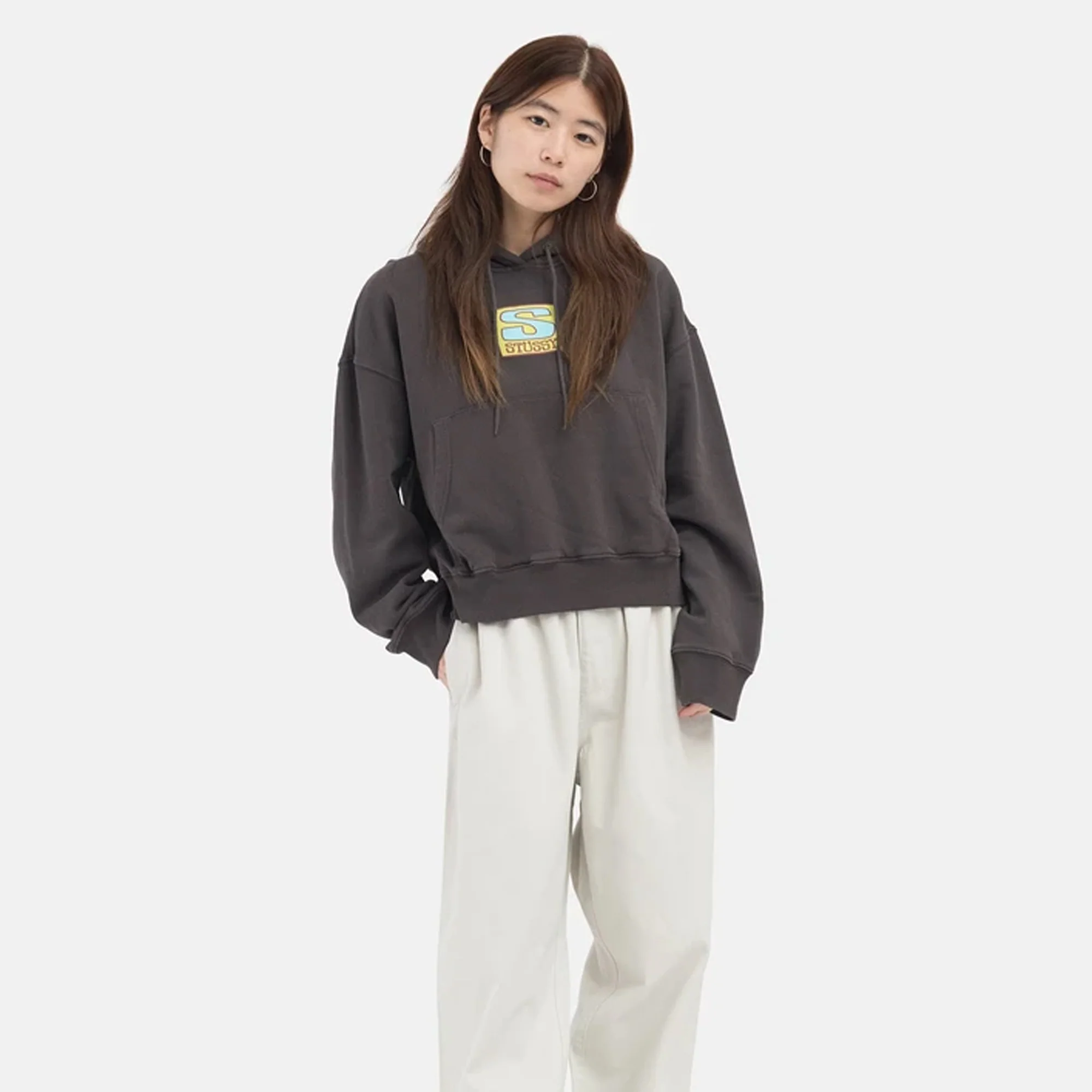 Stussy Womens Agness Boxy Crop Hoodie 'Charcoal' - Image 3