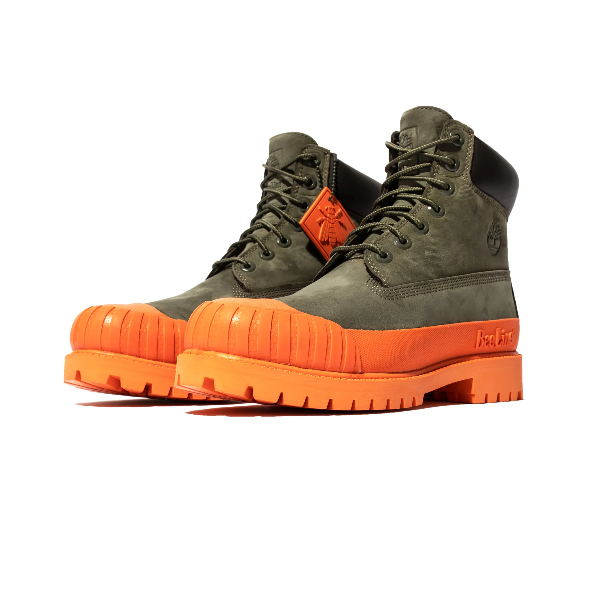 Timberland x Beeline Mens 6" Prem Rubber Toe WP Shoes 'Dk grn/orange' - Image 2